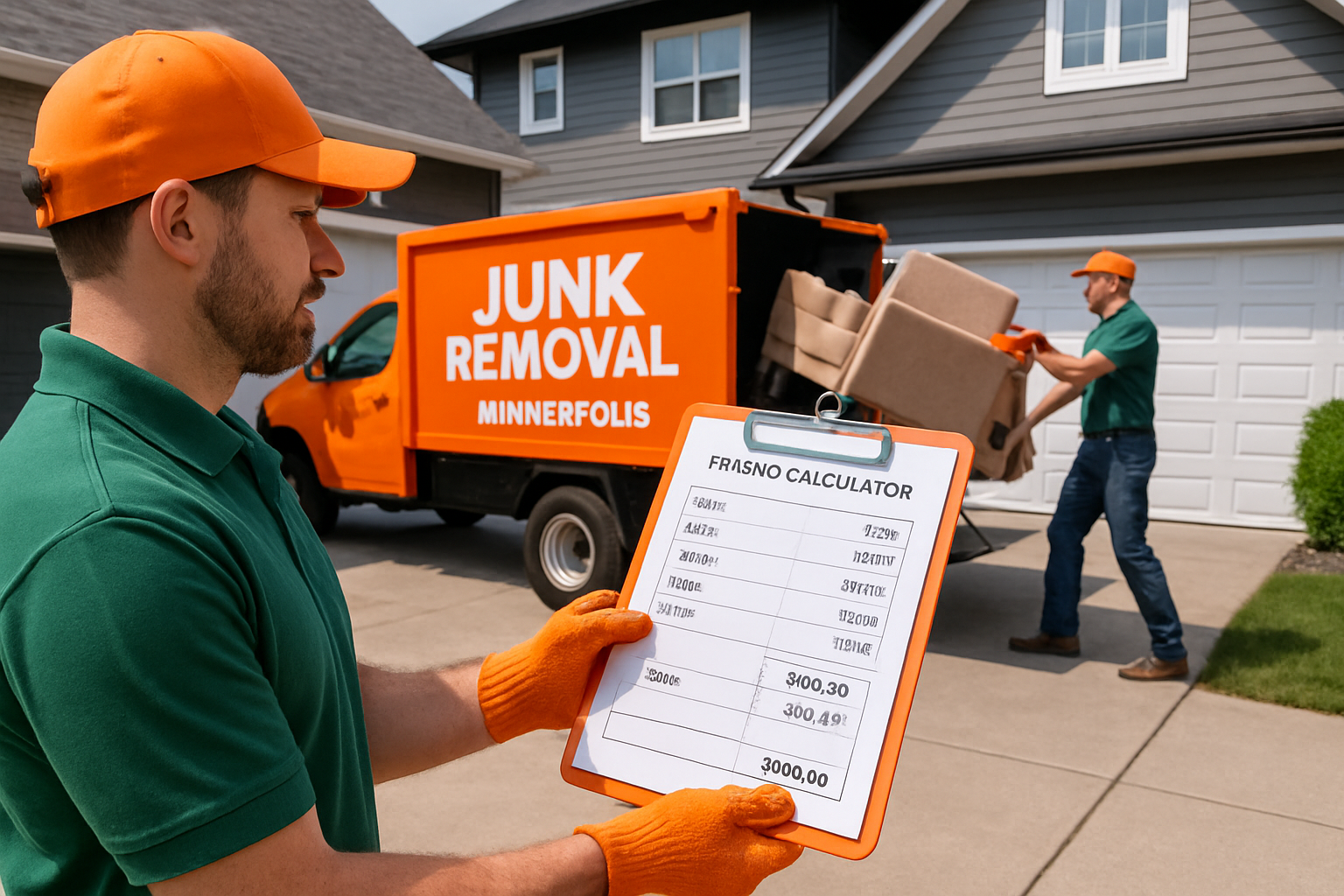 Professional junk removal crew with pricing calculator discussing costs in Minneapolis