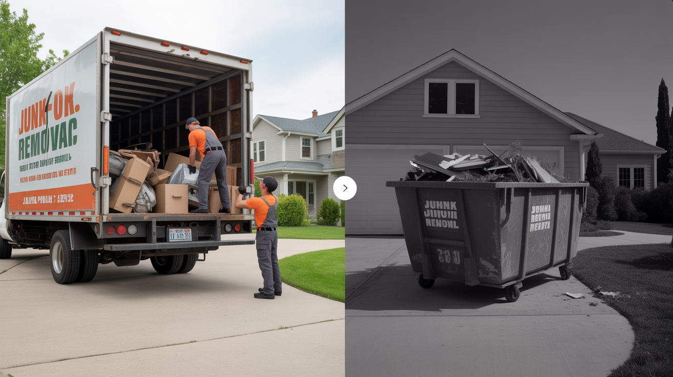 Side-by-side comparison of professional junk removal service versus rental dumpster