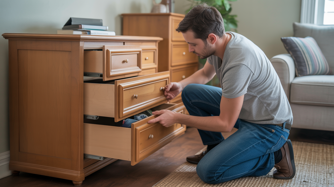 Person emptying dresser drawers and checking furniture before junk removal service