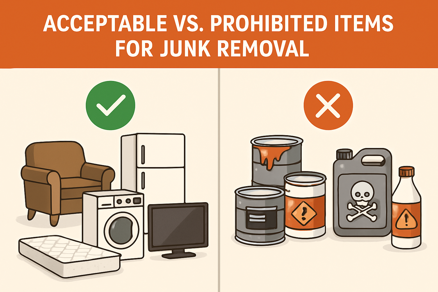 Acceptable items with checkmarks versus prohibited items with X marks for junk removal