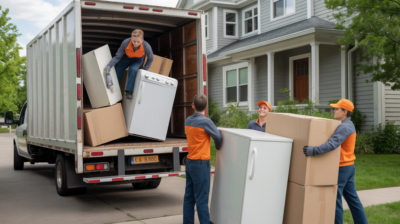 Professional crew loading common household items: furniture, appliances, and electronics