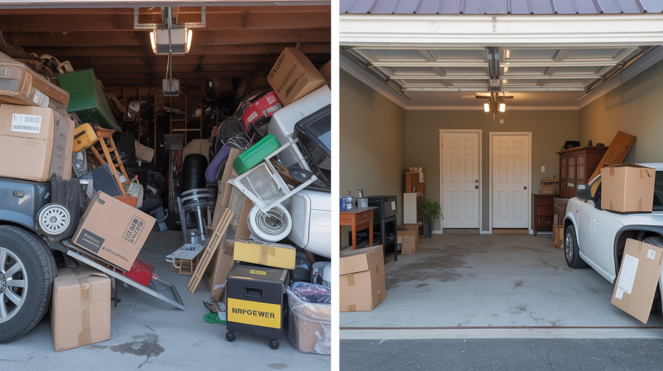 Before and after comparison of cluttered garage transformed by professional junk removal