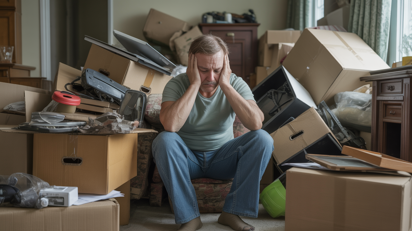 Overwhelmed person surrounded by excessive clutter in Minneapolis home