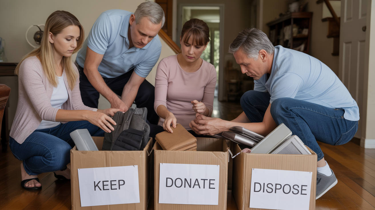 Family members respectfully sorting estate items into keep, donate, and dispose piles